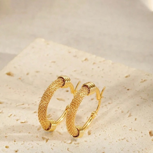 Gold Plated Stainless Steel Textured Hoop Earrings - Picture 2 of 5